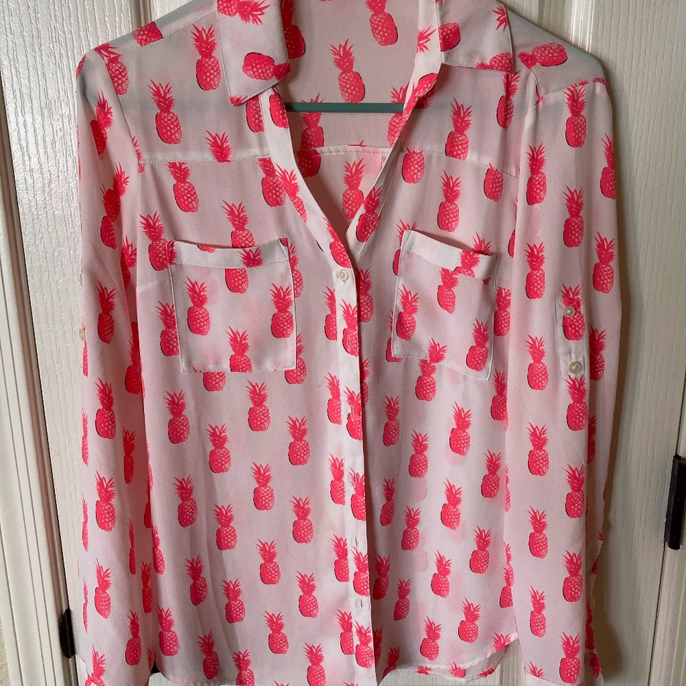 Express Portofino Shirt XS White Pink Pineapples